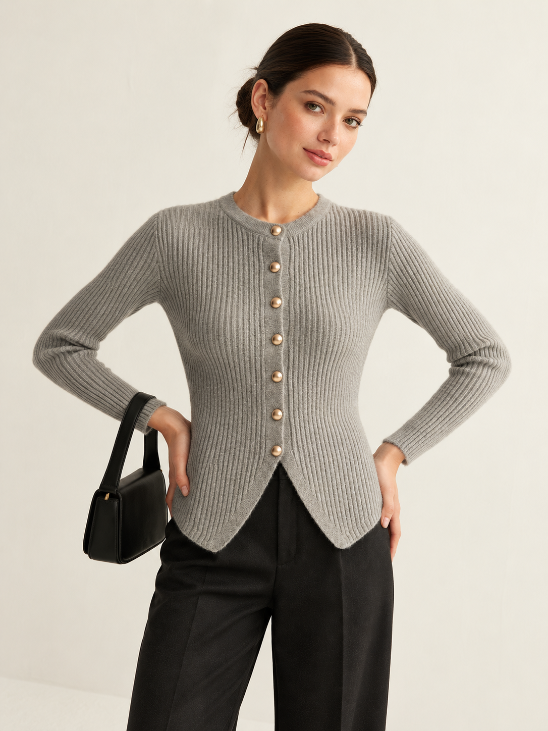 Cardigan mit Knopfleiste und Schlitz – Grau, Ansicht 5