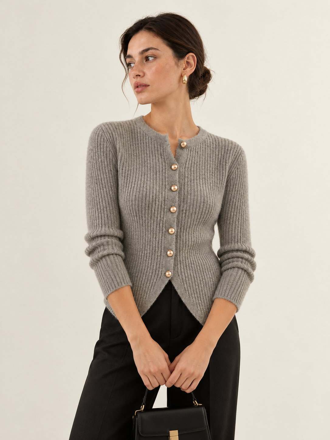 Cardigan mit Knopfleiste und Schlitz – Grau, Ansicht 6
