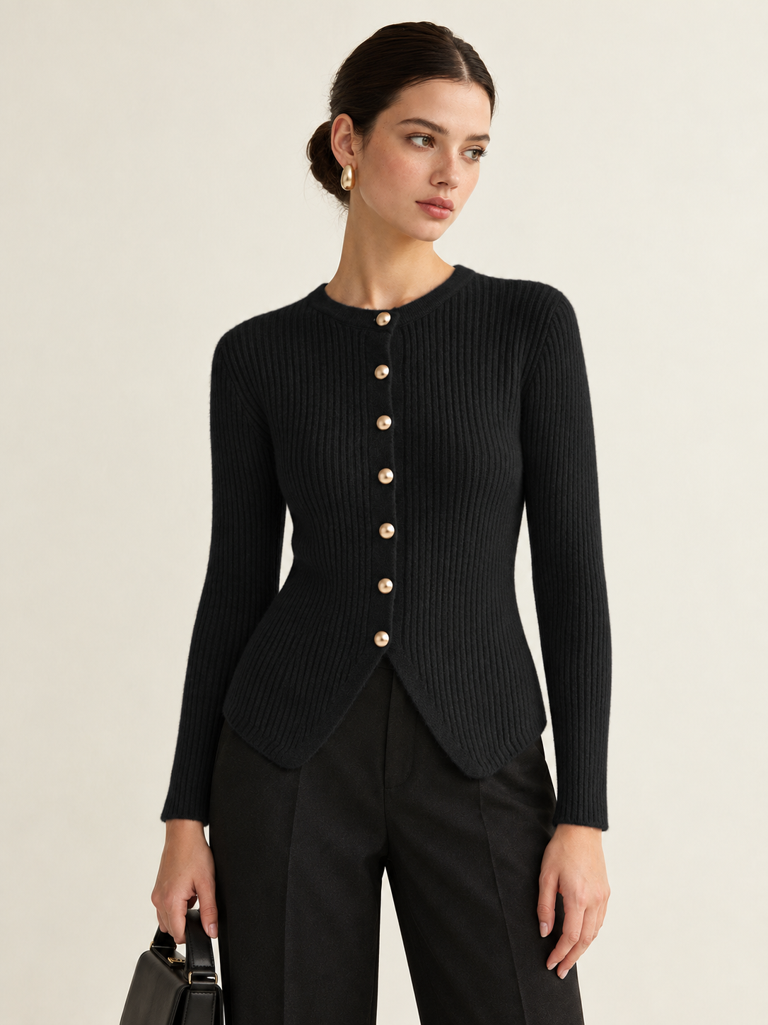 Cardigan mit Knopfleiste und Schlitz – Schwarz, Ansicht 11
