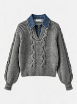 Rippstrickpullover mit Revers und Denim-Einsatz – Grau