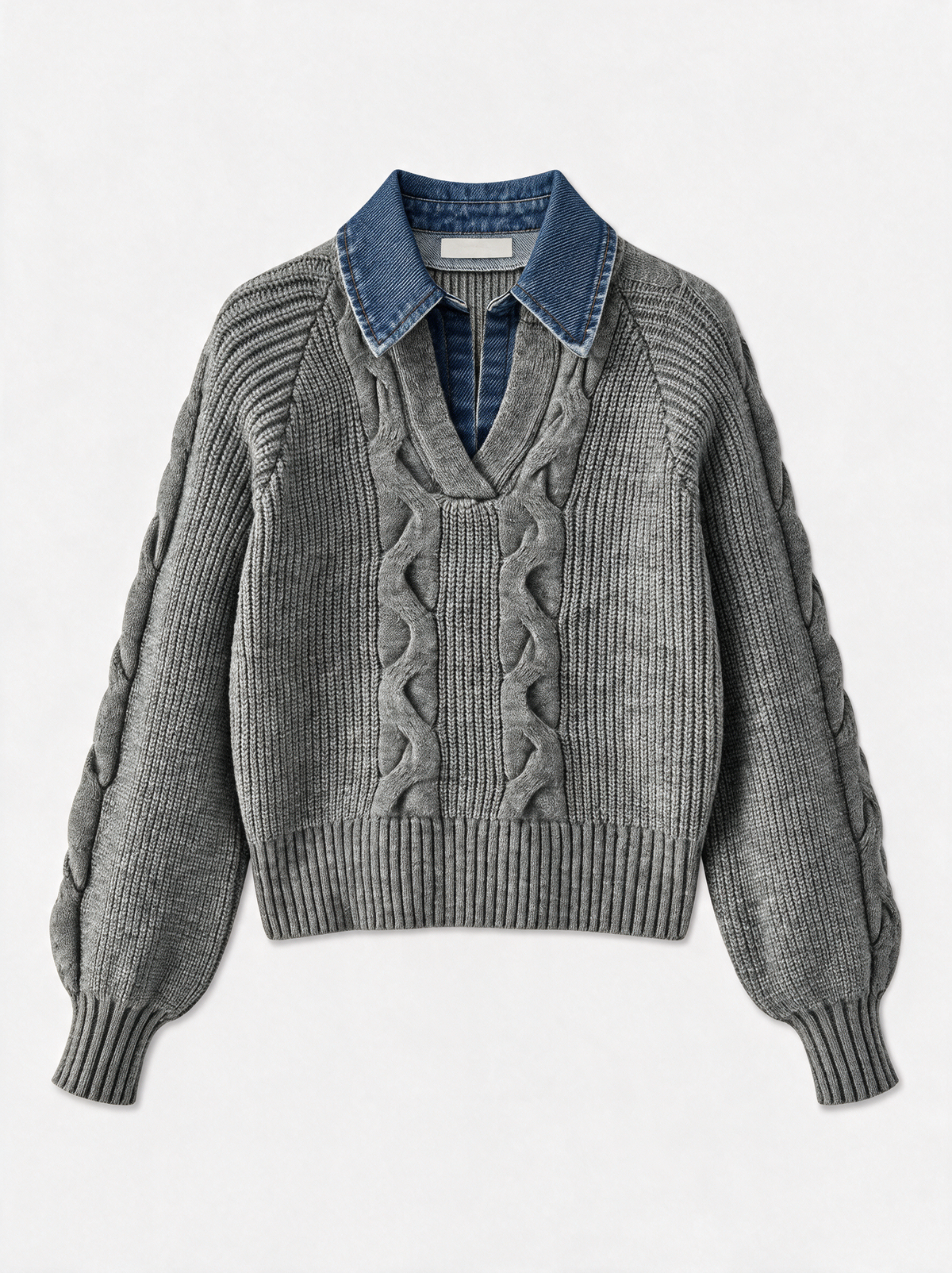 Rippstrickpullover mit Revers und Denim-Einsatz – Grau