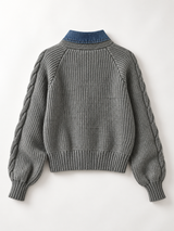 Rippstrickpullover mit Revers und Denim-Einsatz – Grau, Ansicht 2