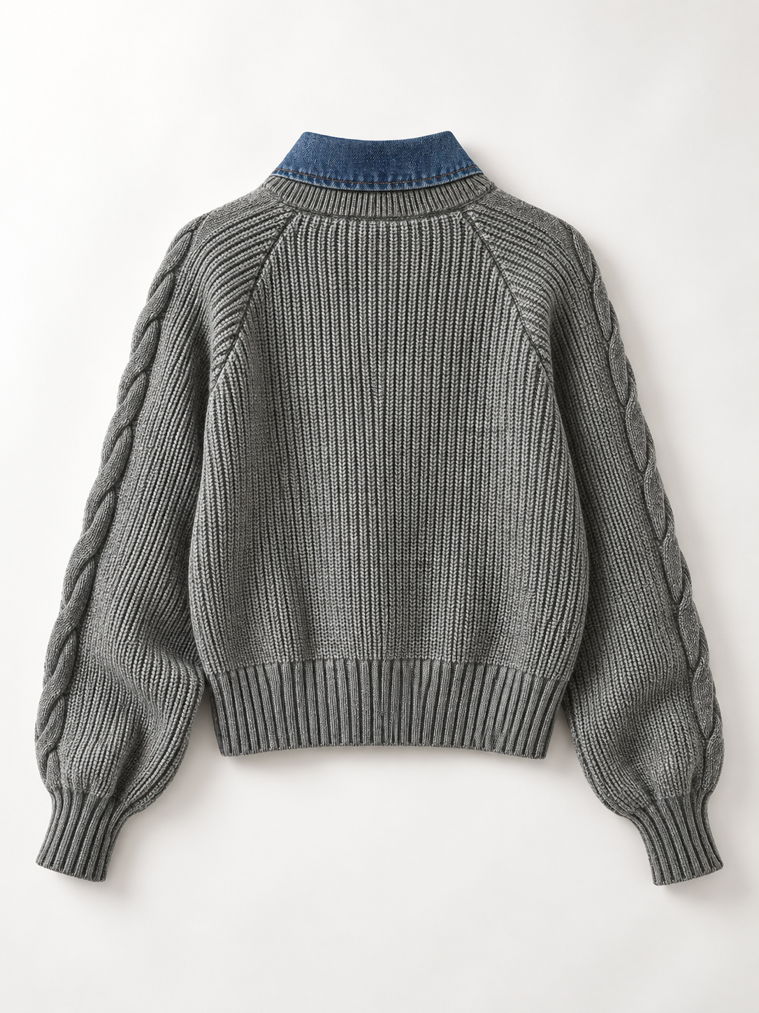 Rippstrickpullover mit Revers und Denim-Einsatz – Grau, Ansicht 2