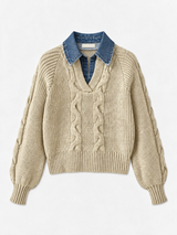Rippstrickpullover mit Revers und Denim-Einsatz – Apricot, Ansicht 5
