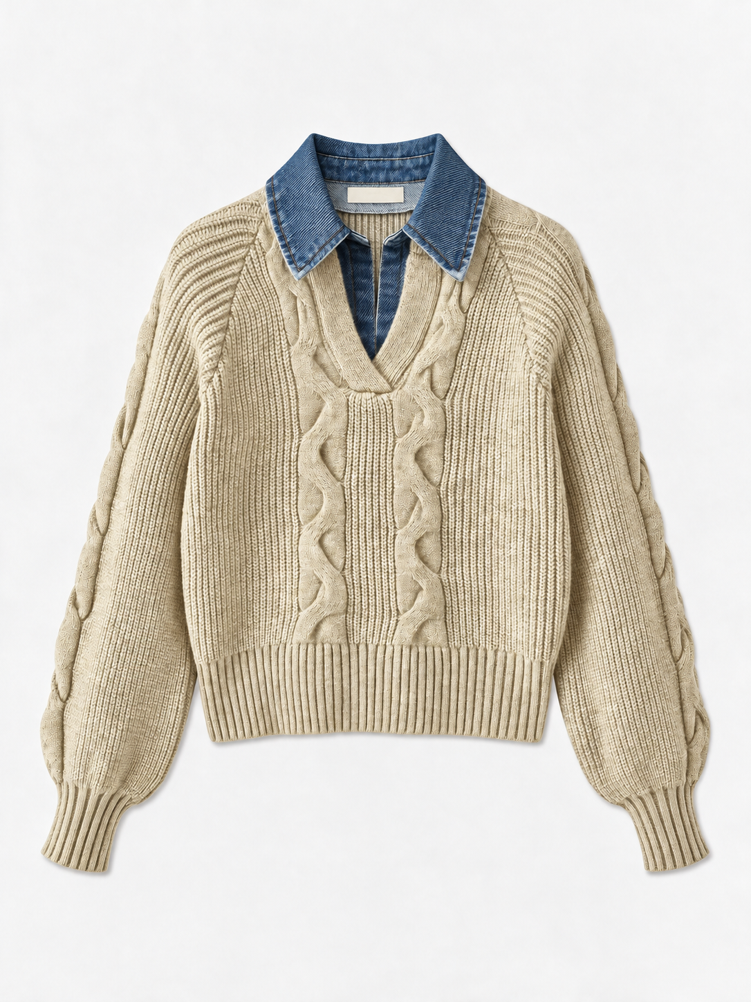Rippstrickpullover mit Revers und Denim-Einsatz – Apricot, Ansicht 5