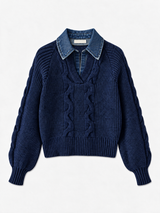 Rippstrickpullover mit Revers und Denim-Einsatz – Marineblau, Ansicht 6