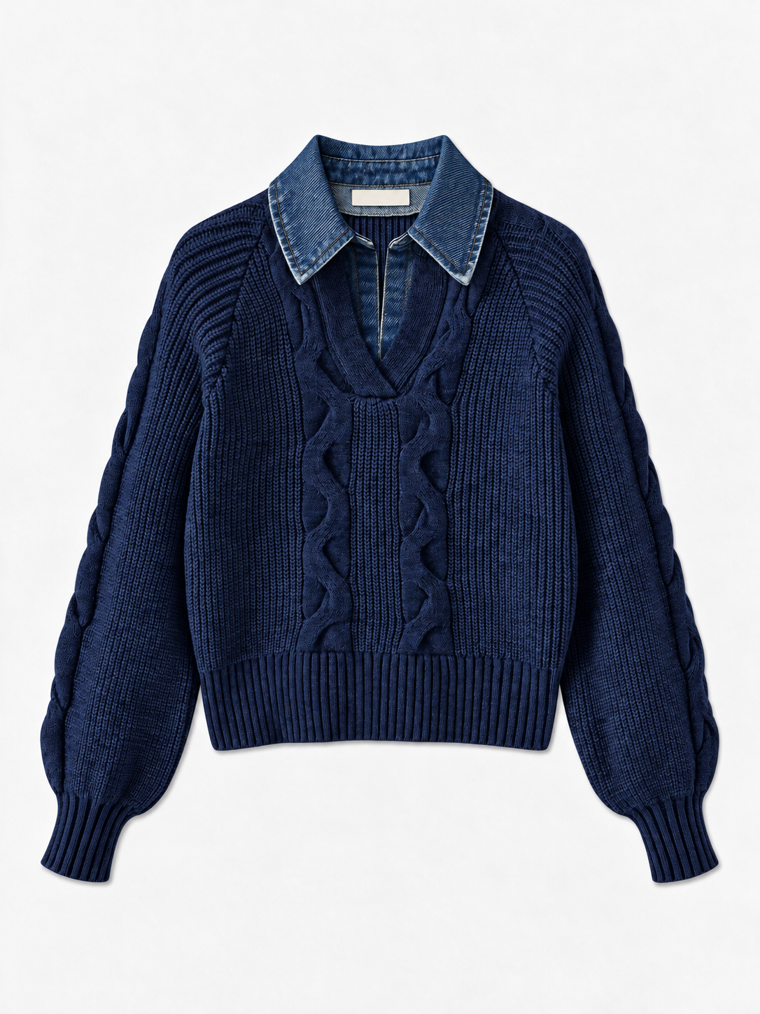 Rippstrickpullover mit Revers und Denim-Einsatz – Marineblau, Ansicht 6
