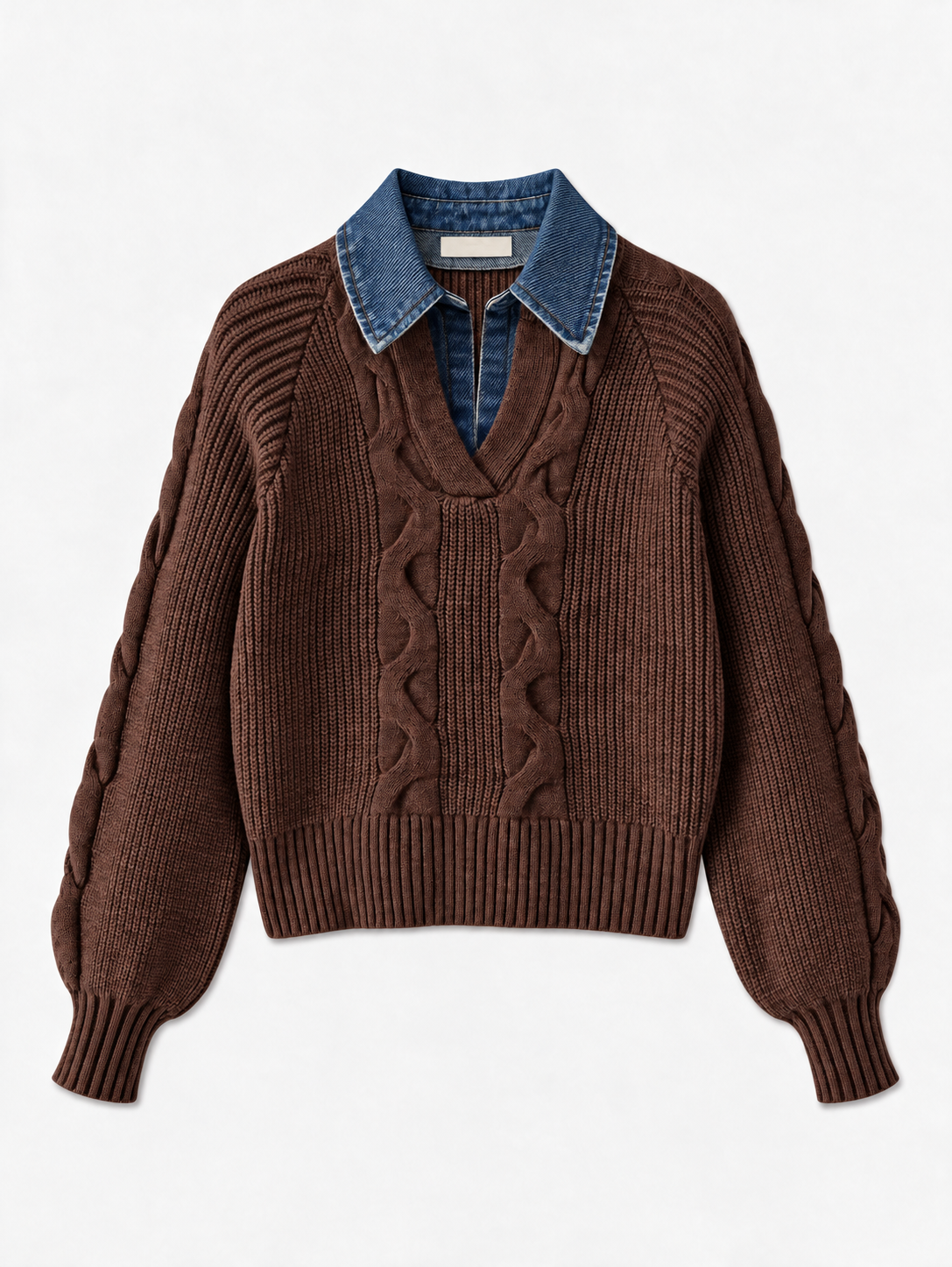 Rippstrickpullover mit Revers und Denim-Einsatz – Dunkelbraun, Ansicht 7