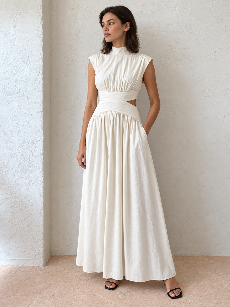 Langes Kleid mit Stehkragen und Cut-out – Weiß