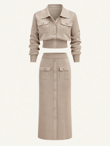 Set aus Cardigan mit Metallknöpfen und Midirock – Khaki