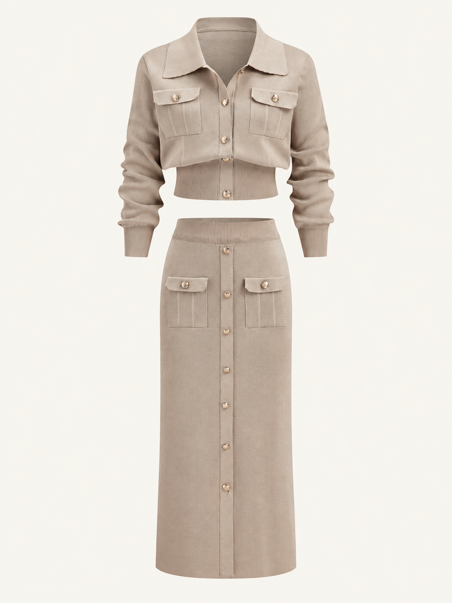 Set aus Cardigan mit Metallknöpfen und Midirock – Khaki