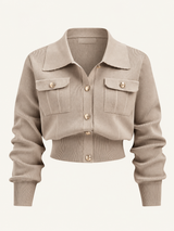 Set aus Cardigan mit Metallknöpfen und Midirock – Khaki, Ansicht 3