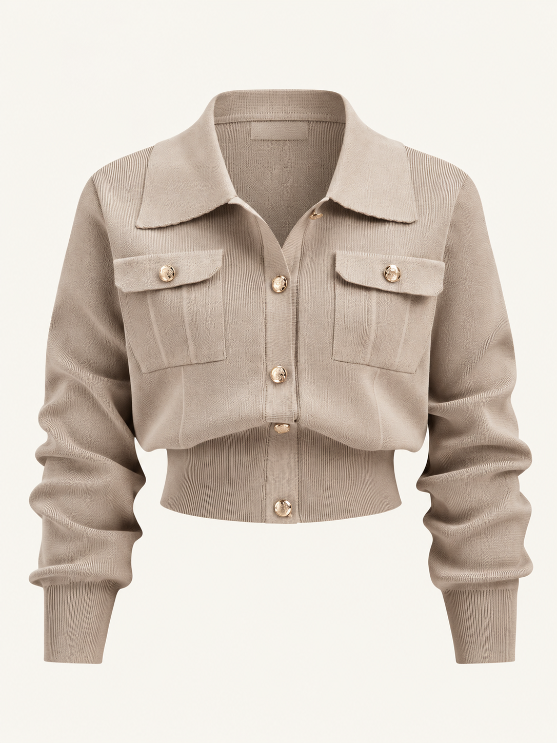 Set aus Cardigan mit Metallknöpfen und Midirock – Khaki, Ansicht 3
