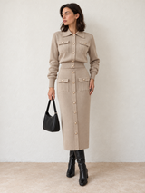 Set aus Cardigan mit Metallknöpfen und Midirock – Khaki, Ansicht 4