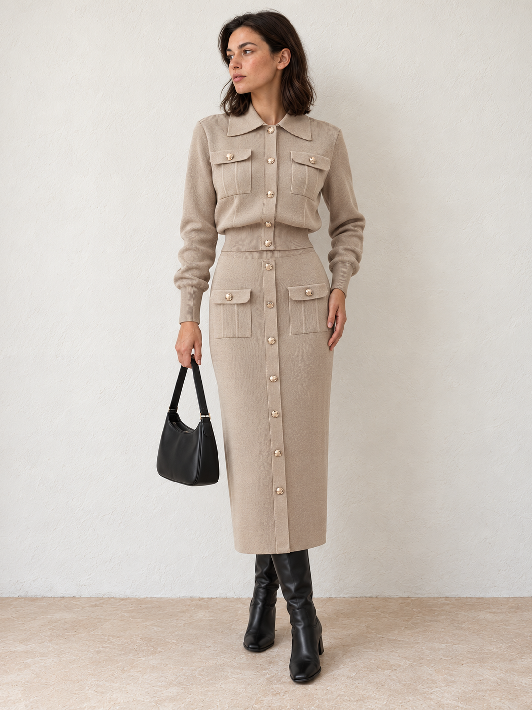 Set aus Cardigan mit Metallknöpfen und Midirock – Khaki, Ansicht 4