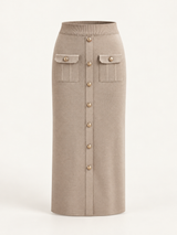 Set aus Cardigan mit Metallknöpfen und Midirock – Khaki, Ansicht 5
