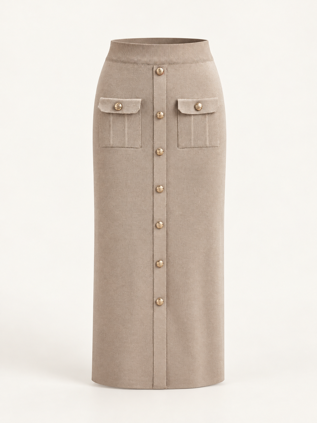 Set aus Cardigan mit Metallknöpfen und Midirock – Khaki, Ansicht 5