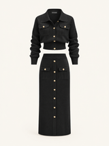Set aus Cardigan mit Metallknöpfen und Midirock – Schwarz, Ansicht 9