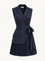 Ärmelloses Blazerkleid mit Falten und Gürtel – Marineblau, Ansicht 3