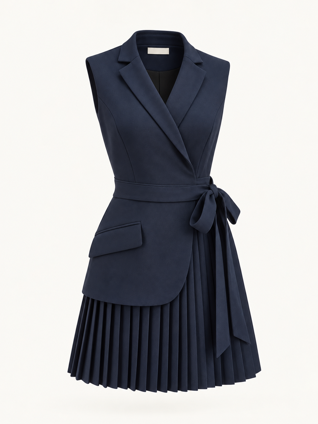 Ärmelloses Blazerkleid mit Falten und Gürtel – Marineblau, Ansicht 3