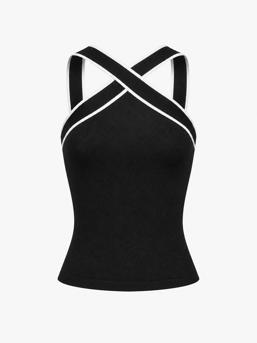 Stricktop mit Trägern und Kontrastbesatz – Schwarz