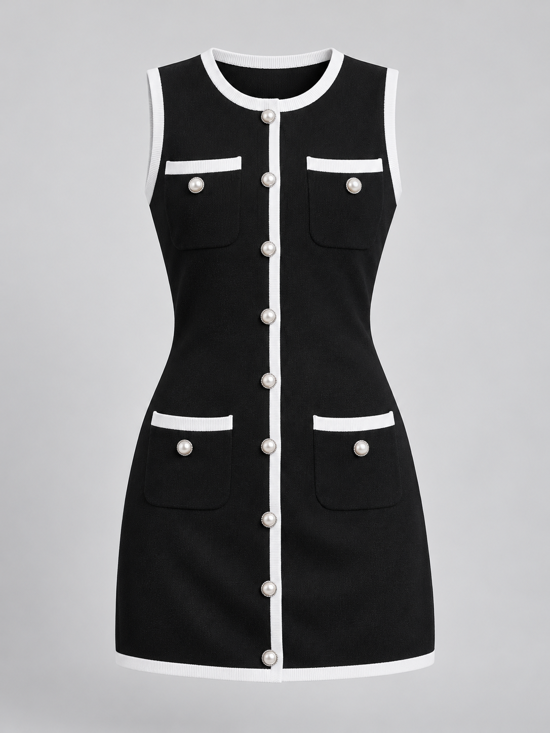Ärmelloses Strick-Minikleid mit Knöpfen und aufgesetzten Taschen – Schwarz, Ansicht 4
