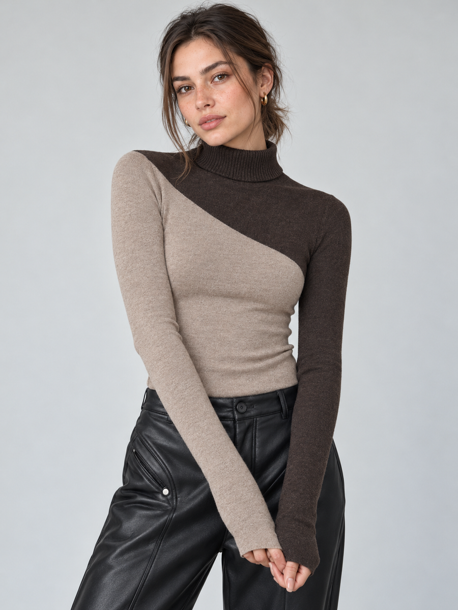 Asymmetrisches Langarm-Stricktop mit Stehkragen und Materialmix – Khaki