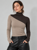 Asymmetrisches Langarm-Stricktop mit Stehkragen und Materialmix – Khaki, Ansicht 3