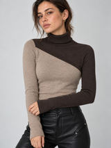 Asymmetrisches Langarm-Stricktop mit Stehkragen und Materialmix – Khaki, Ansicht 4