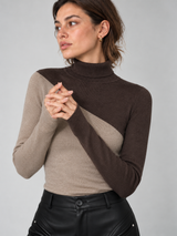 Asymmetrisches Langarm-Stricktop mit Stehkragen und Materialmix – Khaki, Ansicht 5
