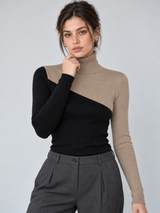 Asymmetrisches Langarm-Stricktop mit Stehkragen und Materialmix – Camel, Ansicht 6