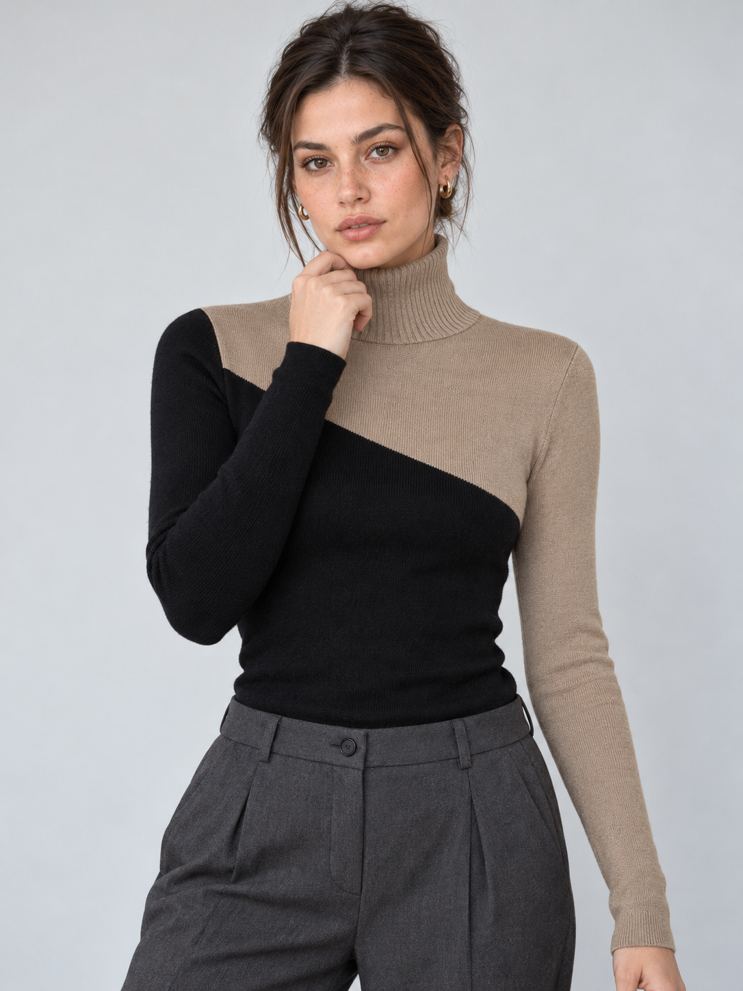 Asymmetrisches Langarm-Stricktop mit Stehkragen und Materialmix – Camel, Ansicht 6