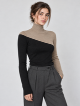 Asymmetrisches Langarm-Stricktop mit Stehkragen und Materialmix – Camel, Ansicht 7
