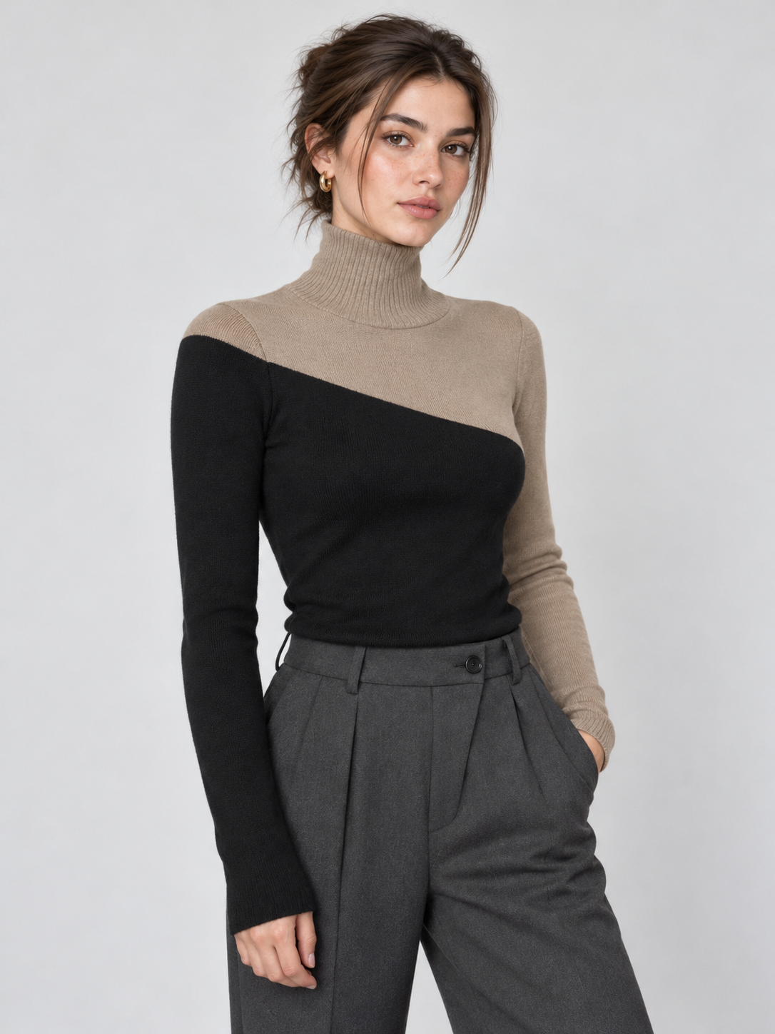 Asymmetrisches Langarm-Stricktop mit Stehkragen und Materialmix – Camel, Ansicht 7
