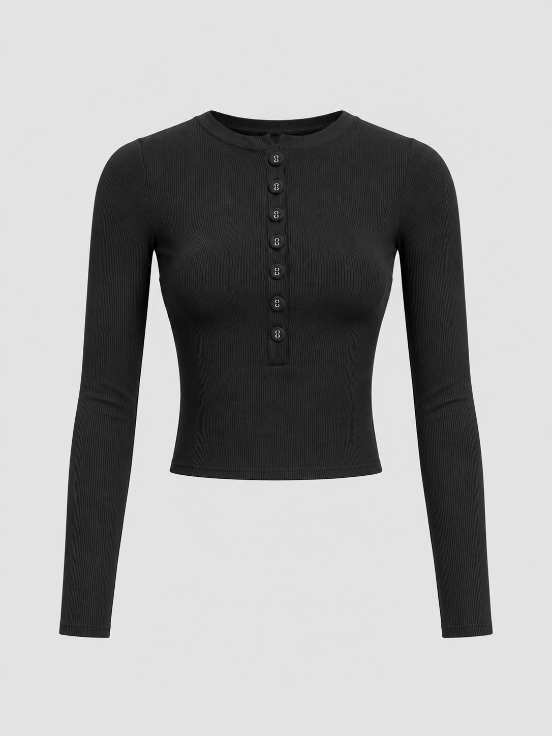 Cropped-Langarmhemd mit Knopfleiste – Schwarz, Ansicht 2