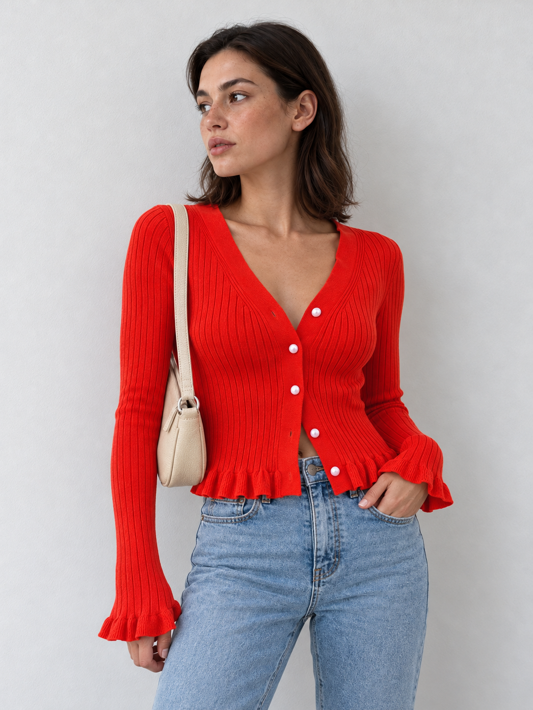 Langarm-Cardigan mit Rüschenbesatz und Knopfleiste – Rot