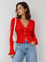 Langarm-Cardigan mit Rüschenbesatz und Knopfleiste – Rot, Ansicht 2