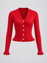 Langarm-Cardigan mit Rüschenbesatz und Knopfleiste – Rot, Ansicht 4