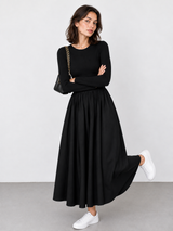 Langes Langarmkleid mit Taschen – Schwarz, Ansicht 2
