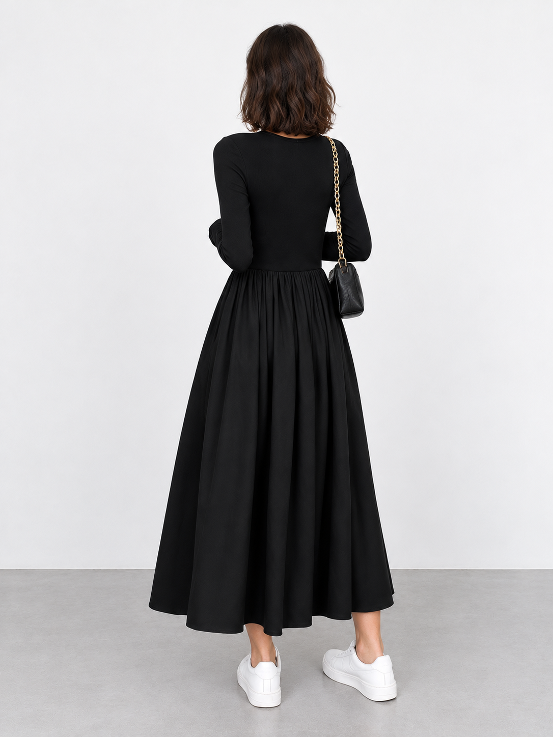 Langes Langarmkleid mit Taschen – Schwarz, Ansicht 3