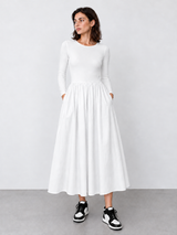 Langes Langarmkleid mit Taschen – Weiß, Ansicht 7