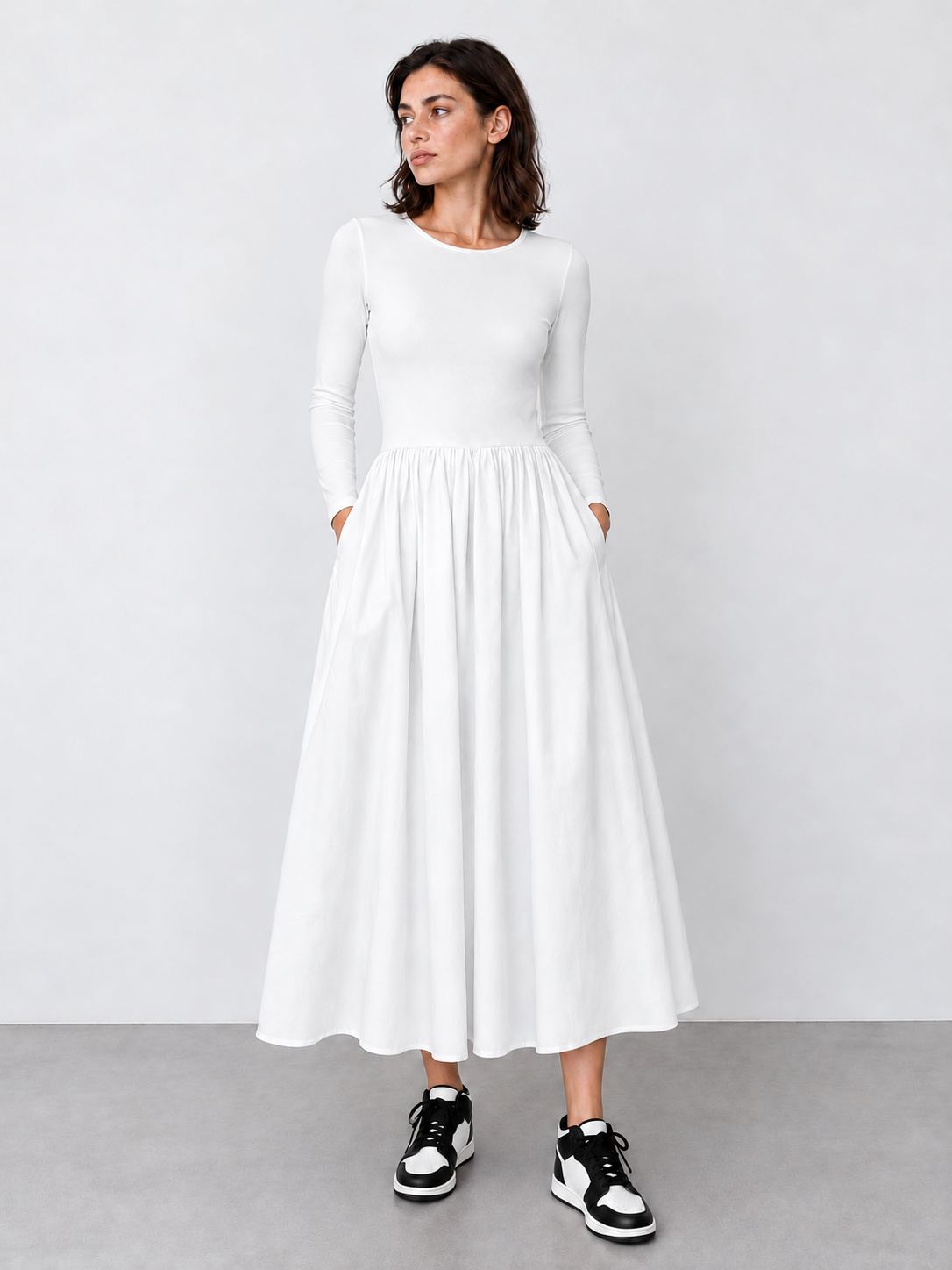 Langes Langarmkleid mit Taschen – Weiß, Ansicht 7