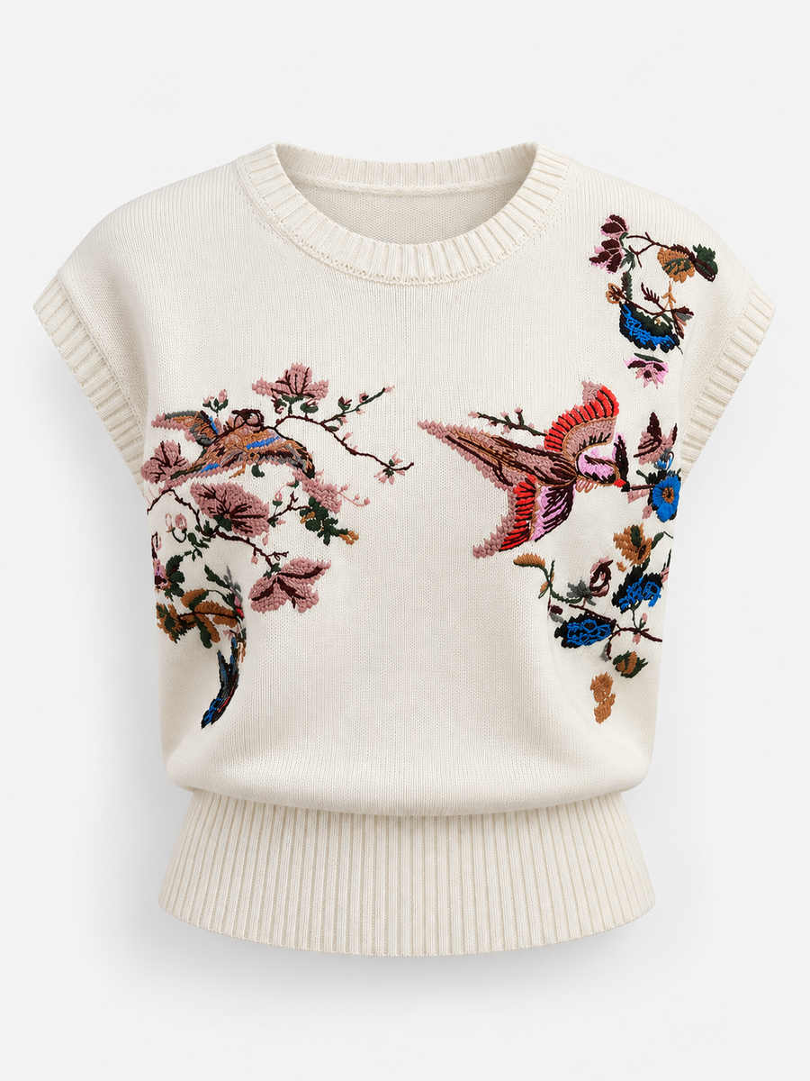 Strickweste mit Blumen- und Vogelstickerei – Wollweiß