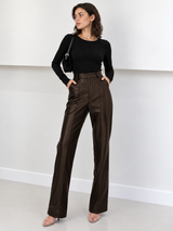 Kunstlederhose mit hohem Bund – Dunkelbraun, Ansicht 5