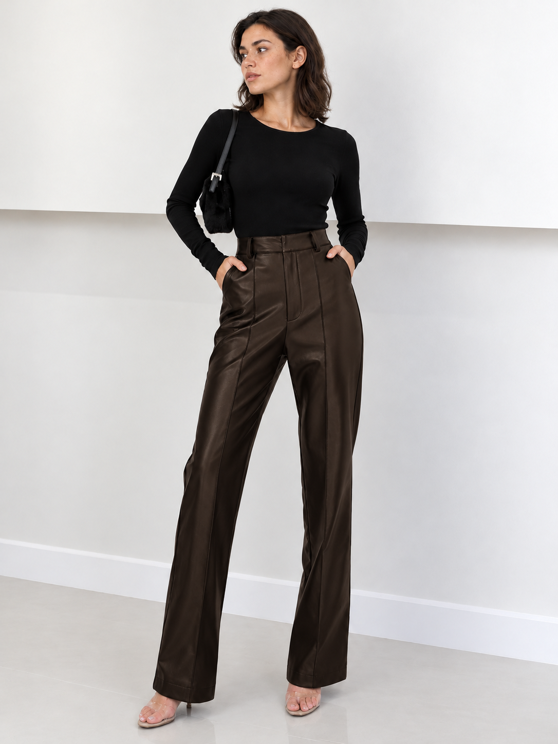 Kunstlederhose mit hohem Bund – Dunkelbraun, Ansicht 5