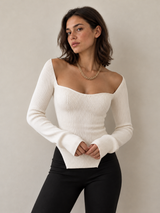 Langarm-Stricktop mit Herzausschnitt – Weiß