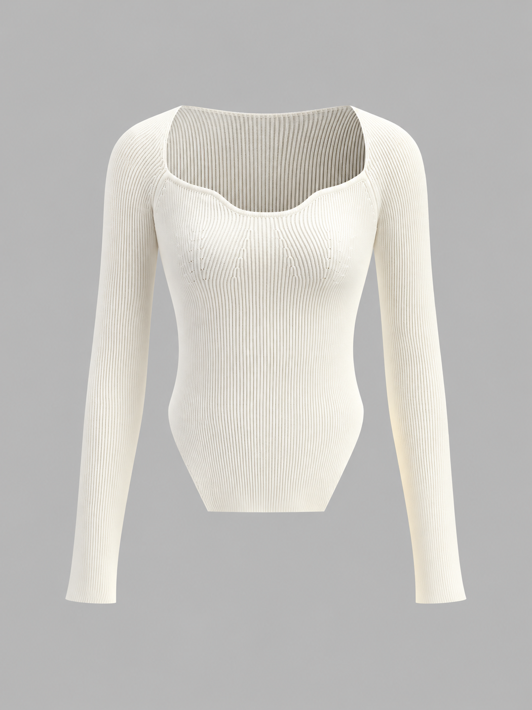 Langarm-Stricktop mit Herzausschnitt – Weiß, Ansicht 2
