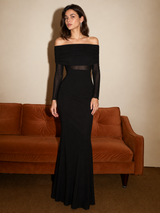 Halbtransparentes schulterfreies Mesh-Maxikleid mit langen Ärmeln – Schwarz