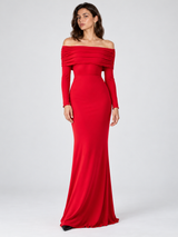 Halbtransparentes schulterfreies Mesh-Maxikleid mit langen Ärmeln – Rot, Ansicht 4