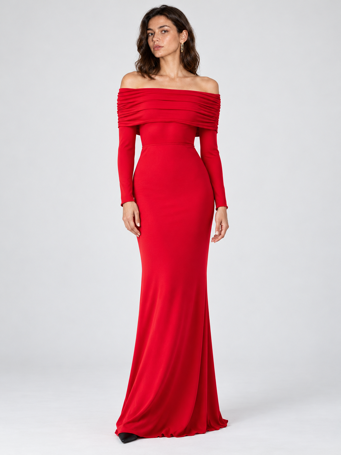 Halbtransparentes schulterfreies Mesh-Maxikleid mit langen Ärmeln – Rot, Ansicht 4
